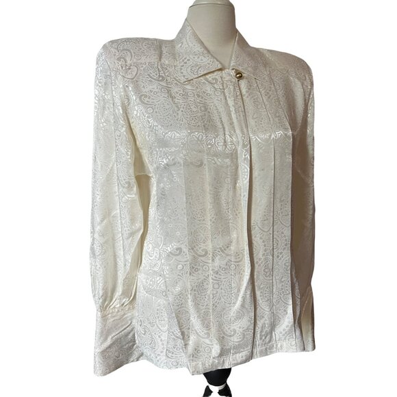 Liz Claiborne Vintage Pleated Front Collared Silky Blouse Sz 8 (Medium) Off Whit - Picture 1 of 16